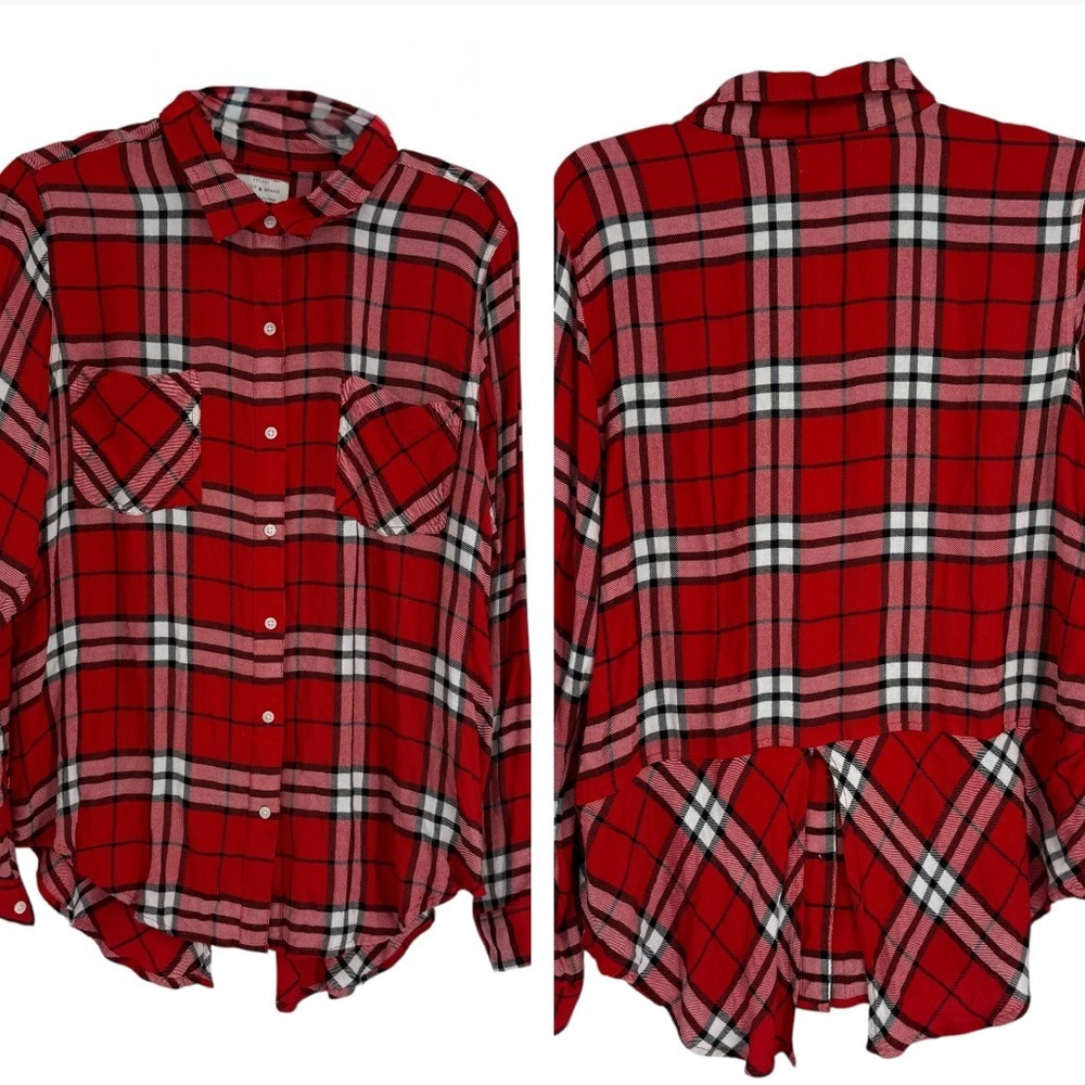 LUCKY BRAND FLANNEL SHIRT Size Large Red Plaid Button Front Womens Split Back